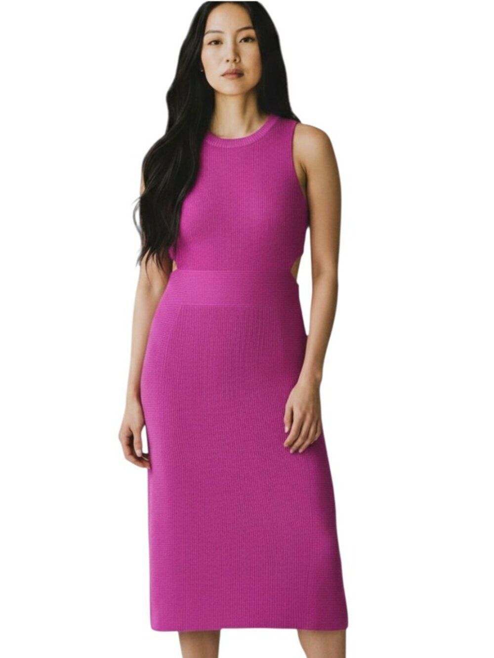 NWT Endless Rose Side Cutout Bodycon Ribbed Knit Midi Dress Magenta Pink Size L